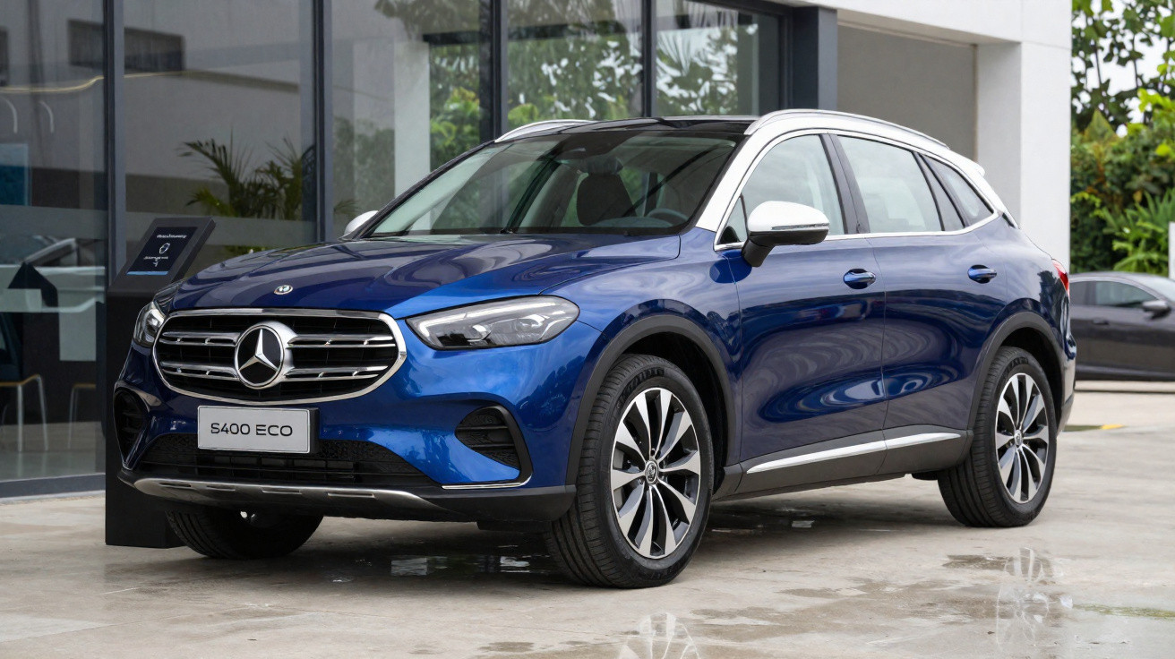 Carro SUV Mercedes-Benz S400 ECO azul estacionado junto a edifício moderno com janelas de vidro.