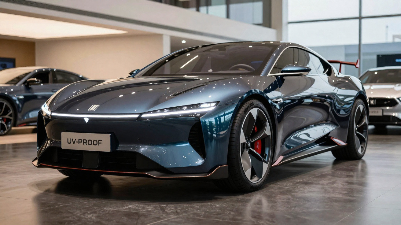 Carro desportivo elétrico cinzento metálico exposto em showroom moderno com jantes aerodinâmicas grandes.