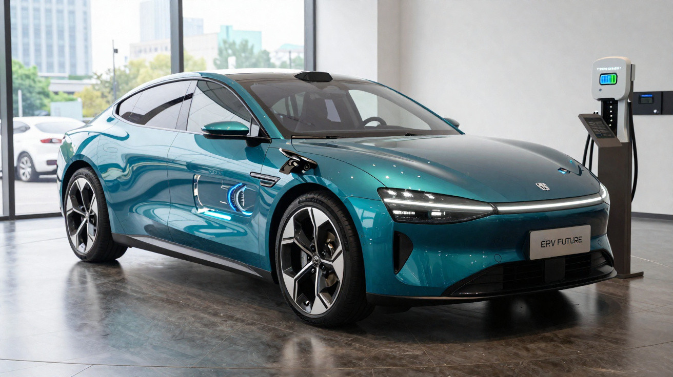 Carro elétrico azul a ser carregado numa estação de carregamento interior com grandes janelas.