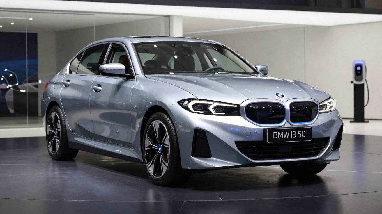 Carro BMW i3 50 elétrico cinzento num showroom moderno com poste de carregamento ao fundo.