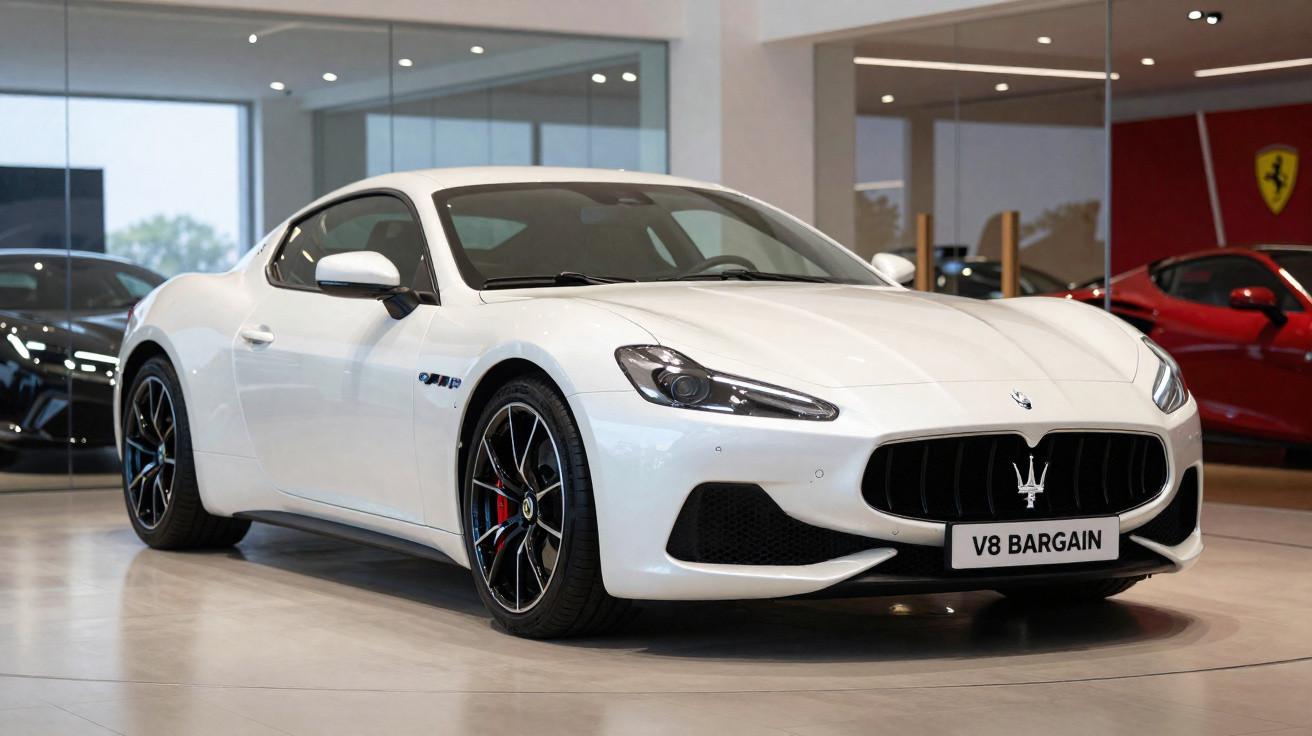 Carro desportivo Maserati branco em exposição numa sala moderna com chão de mármore.