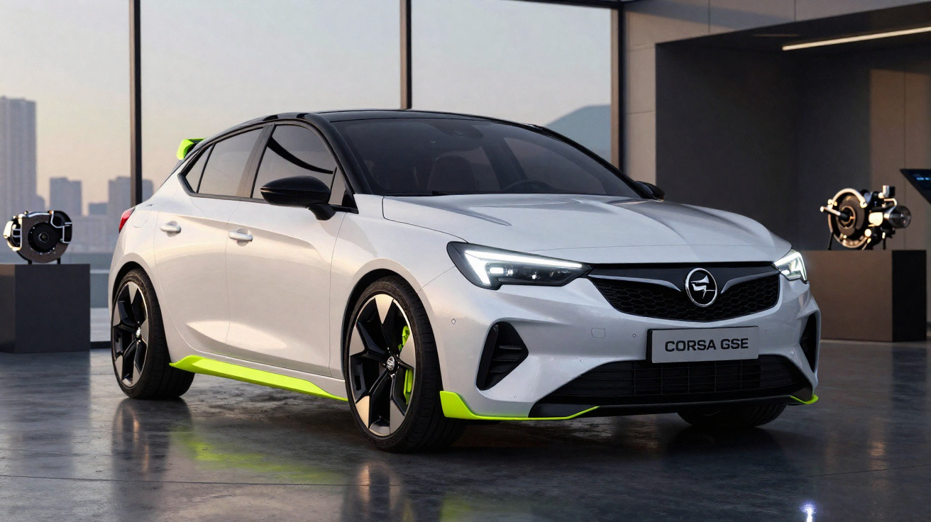 Automóvel Opel Corsa GSE branco com detalhes verdes e jantes pretas em ambiente moderno interior.