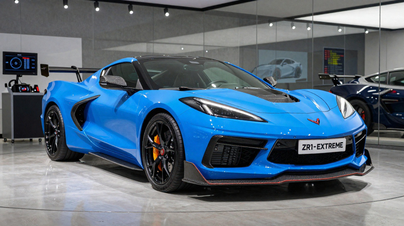 Carro desportivo azul Chevrolet Corvette ZR1 Extreme numa garagem com paredes espelhadas.