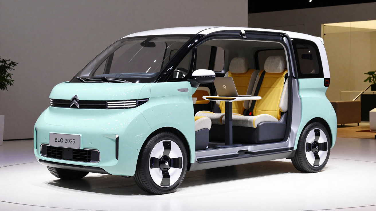 Veículo elétrico Citroën ELO 2025 exposto, portas abertas, interior espaçoso com bancos amarelos e mesa central.