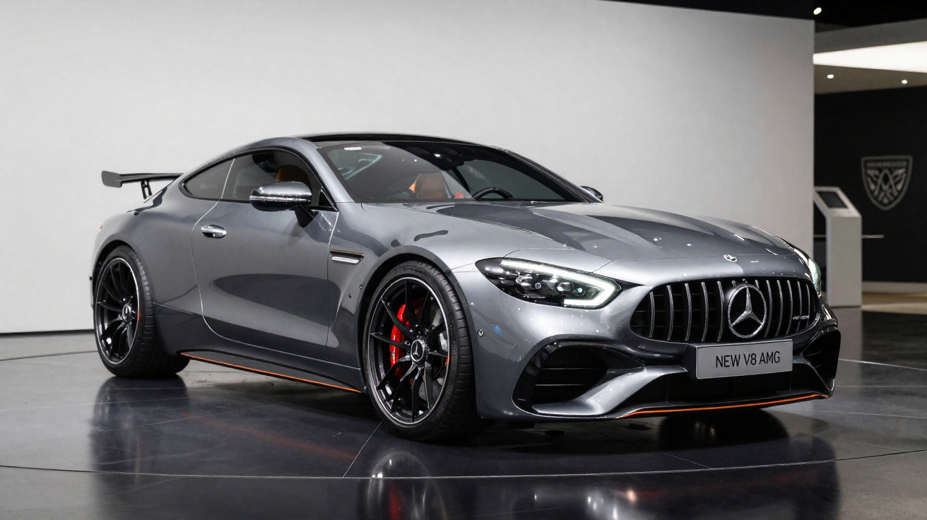 Carro desportivo cinzento Mercedes-Benz AMG, com jantes pretas e pinças de travão vermelhas, em ambiente de exposição.