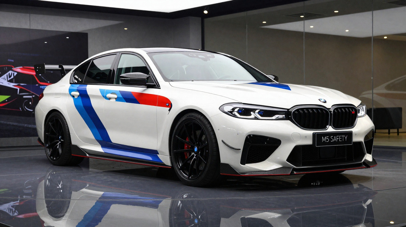 Automóvel BMW M5 branco com faixas azuis e vermelhas exibido em ambiente interno moderno.