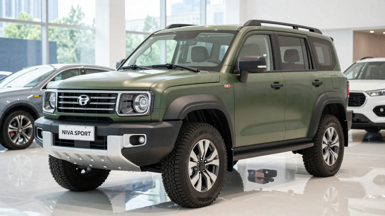 Veículo SUV Niva Sport verde militar exposto numa sala de showroom com piso brilhante.