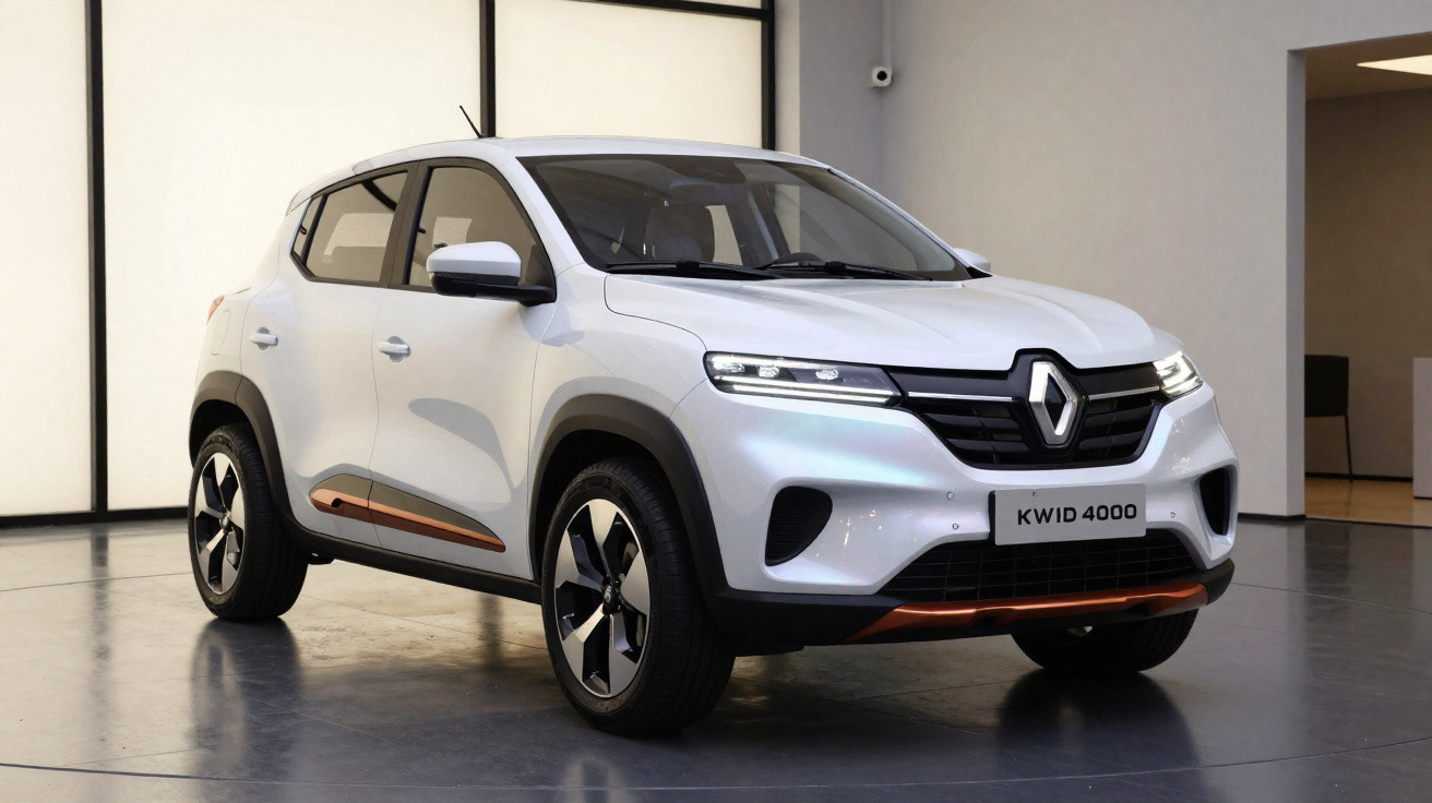 Automóvel Renault Kwid 4000 branco em exposição interior, vista frontal lateral direita.