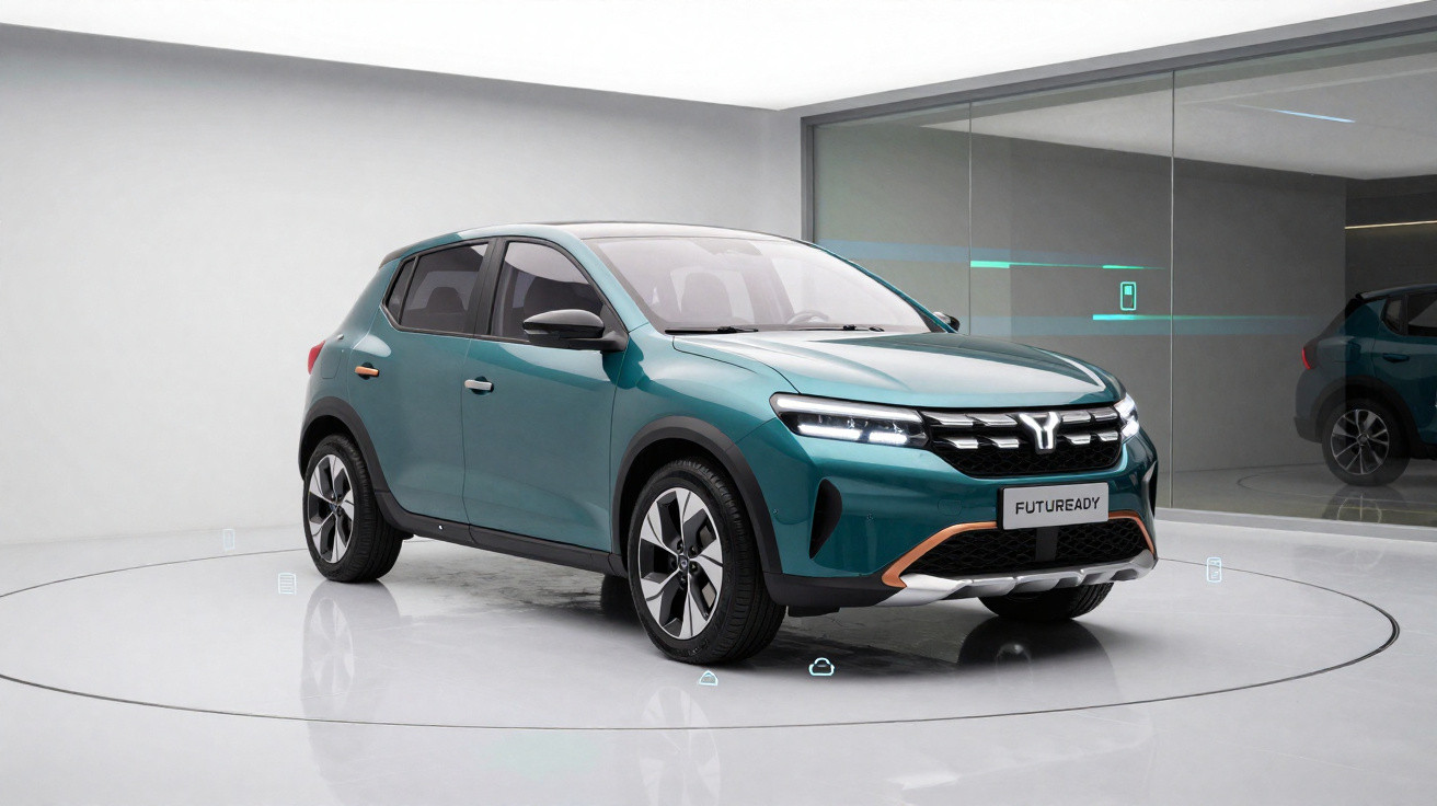 Carro elétrico compacto verde em exposição numa sala moderna com chão branco e paredes espelhadas.