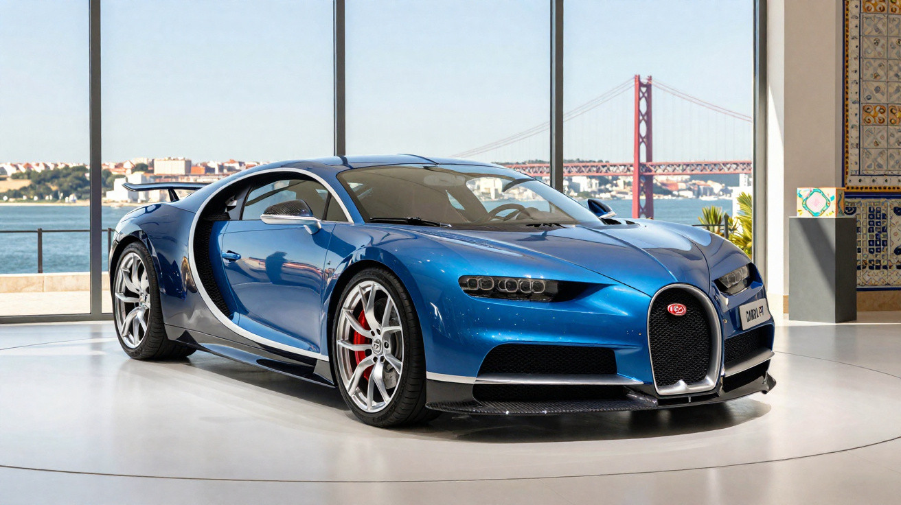 Carro desportivo Bugatti azul num espaço com janelas grandes e vista para a ponte 25 de Abril em Lisboa.