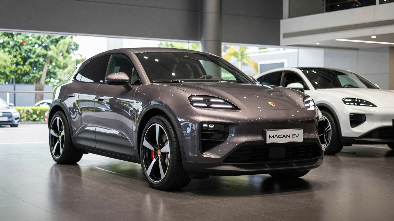 Carro Porsche Macan EV cinzento exposto em showroom moderno com outro carro branco ao fundo.