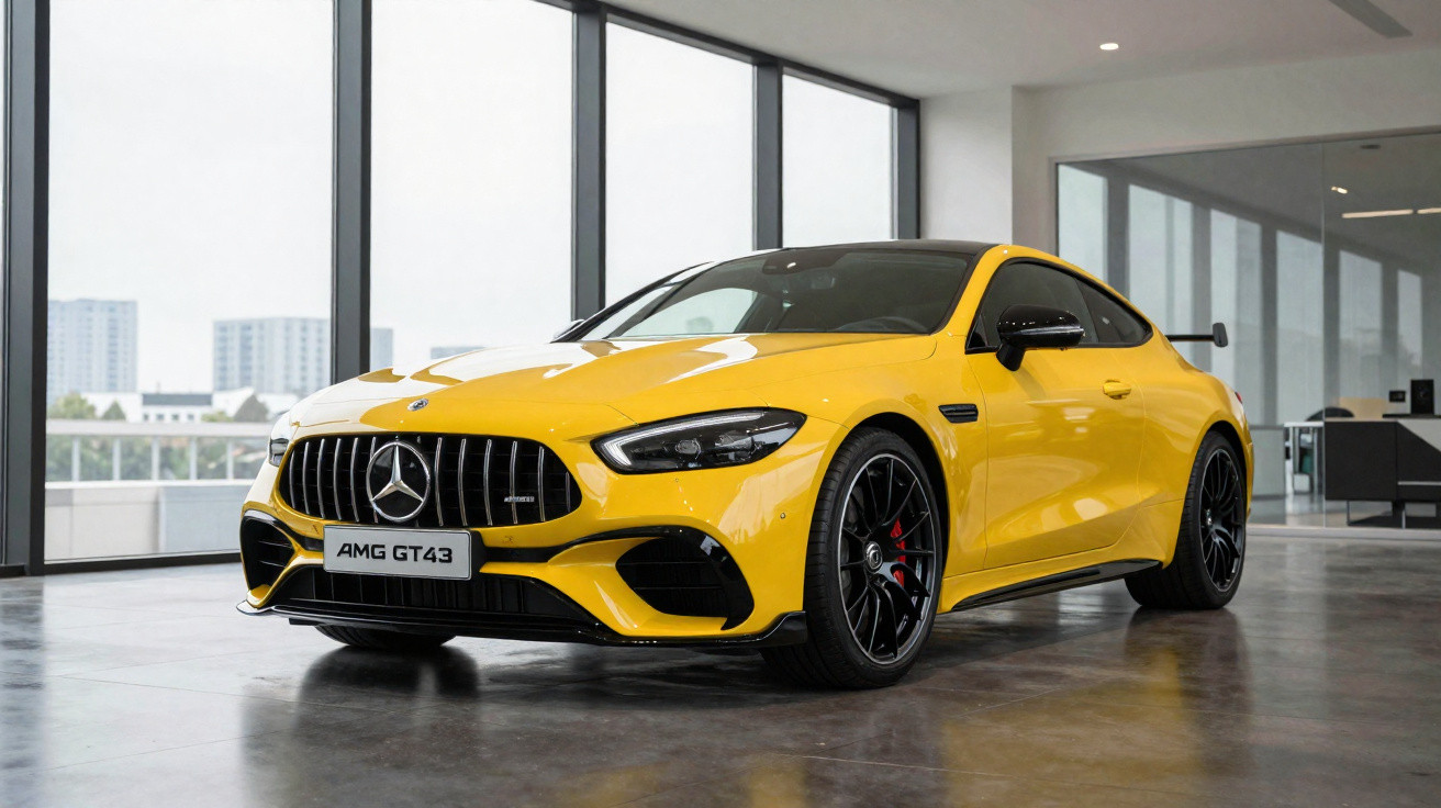 Carro desportivo Mercedes-Benz AMG GT43 amarelo exibido num showroom moderno.