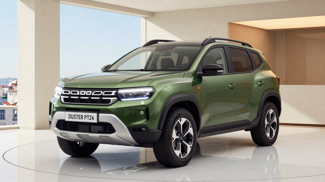 SUV Dacia Duster verde com teto preto, rodas de liga leve e detalhes prateados, em espaço interior moderno.