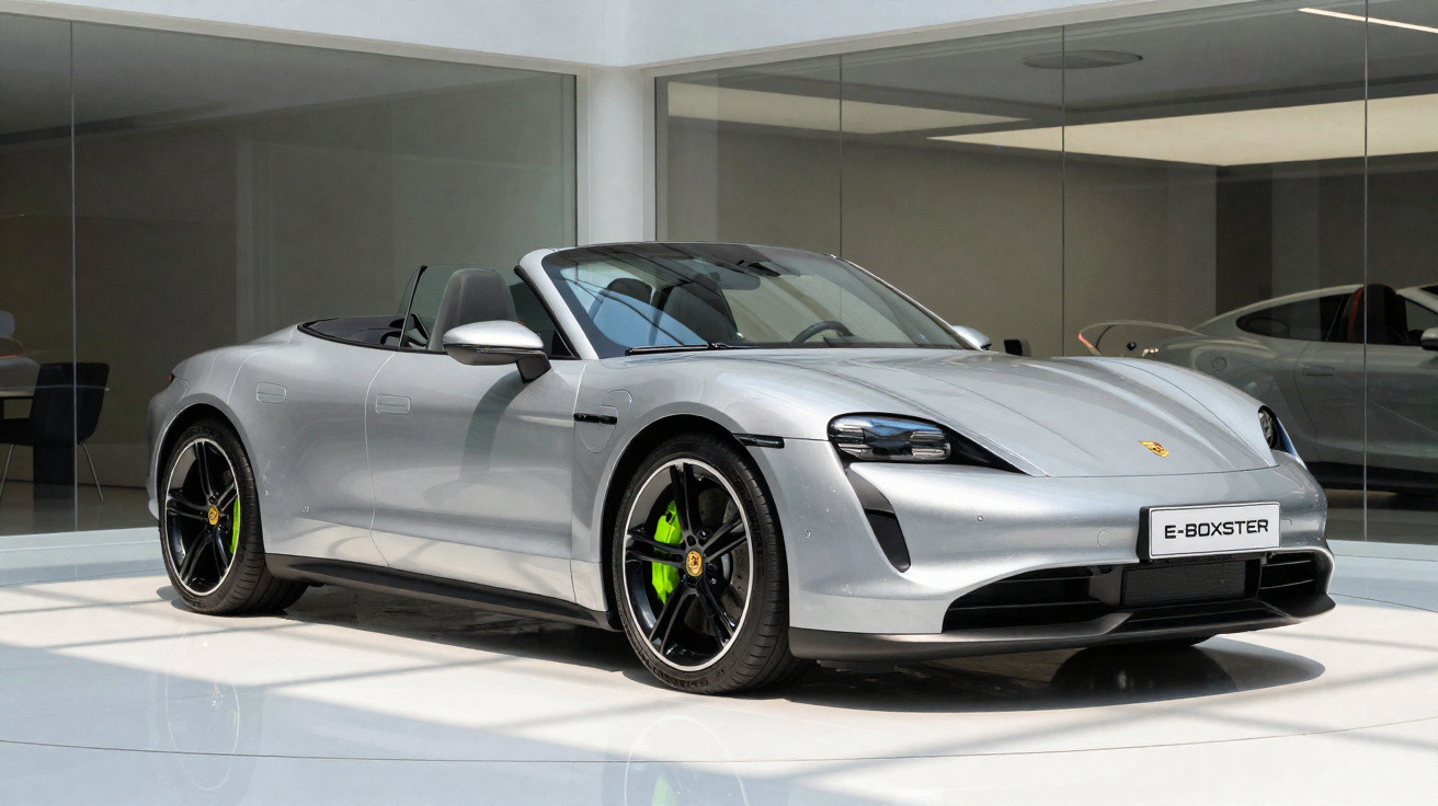 Carro conversível Porsche E-Boxster cinzento prata em exposição interior com jantes pretas e detalhes verde-limão.