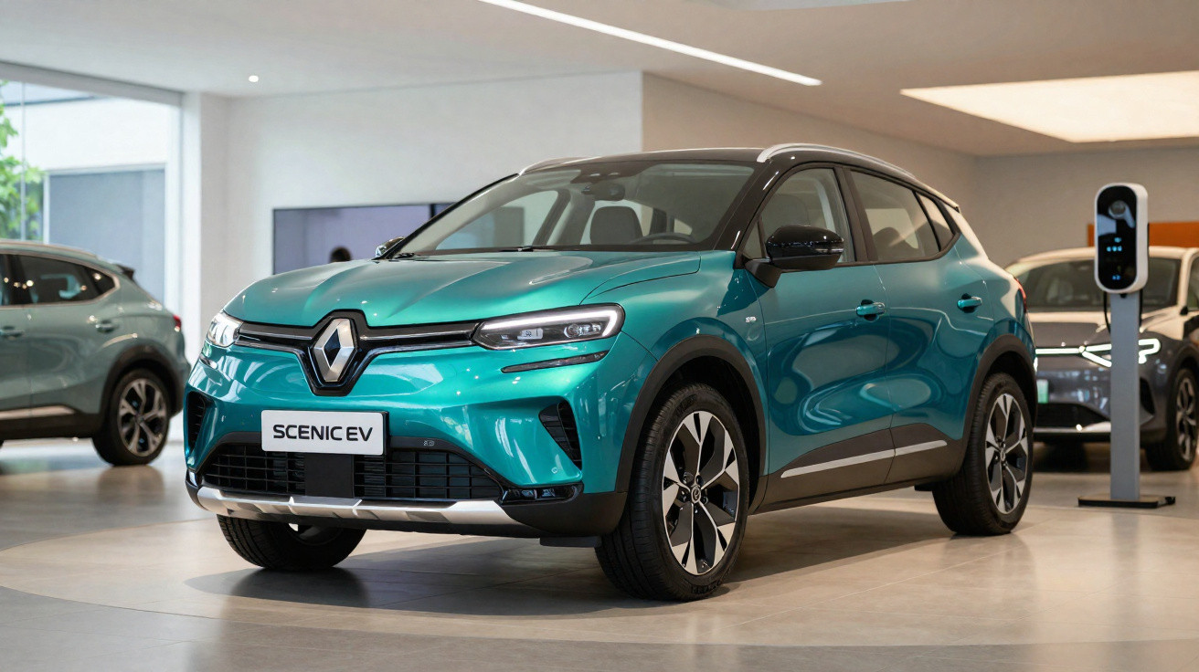 Veículo elétrico Renault Scenic EV azul exposto numa sala de showroom moderna e iluminada.