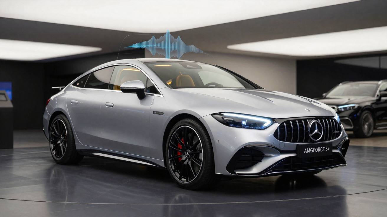 Mercedes-Benz AMG Force S+ prata estacionado em showroom moderno com iluminação suave e outro carro ao fundo.