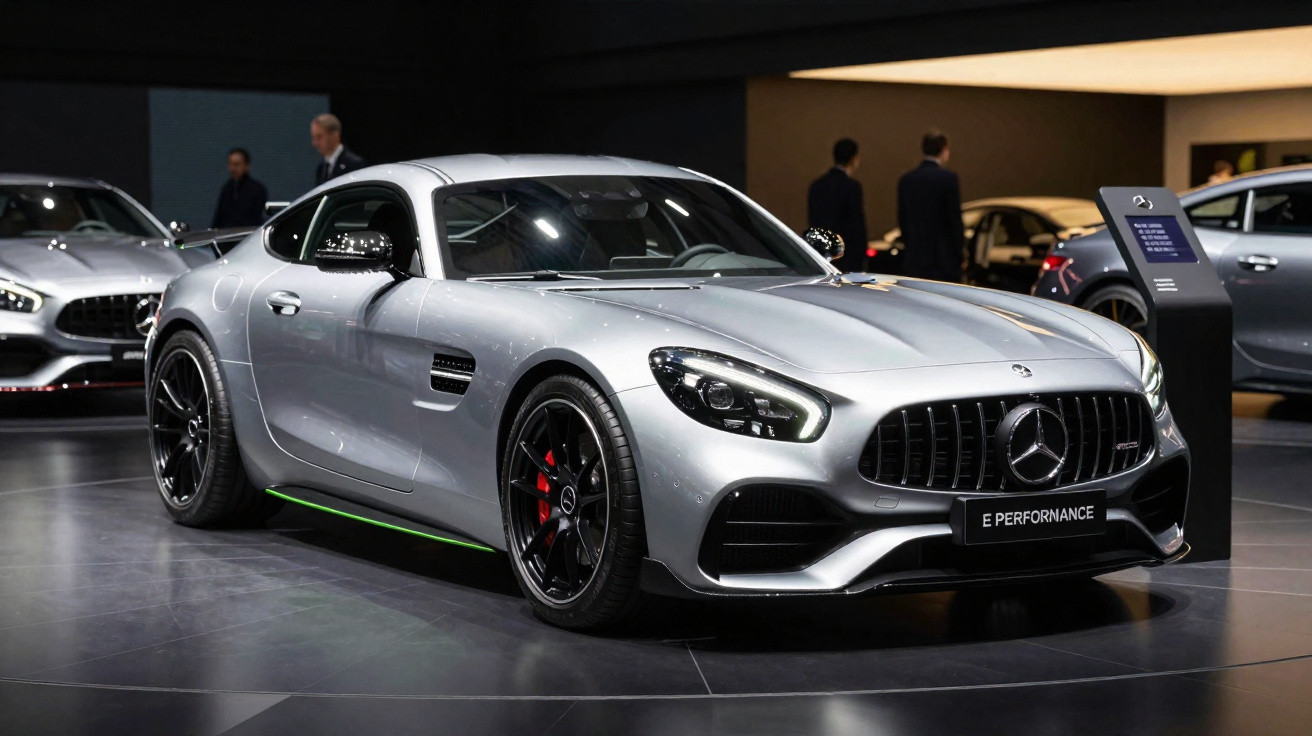 Carro desportivo Mercedes-Benz prateado em exposição, destaque para faróis e jantes negras com pinças vermelhas.