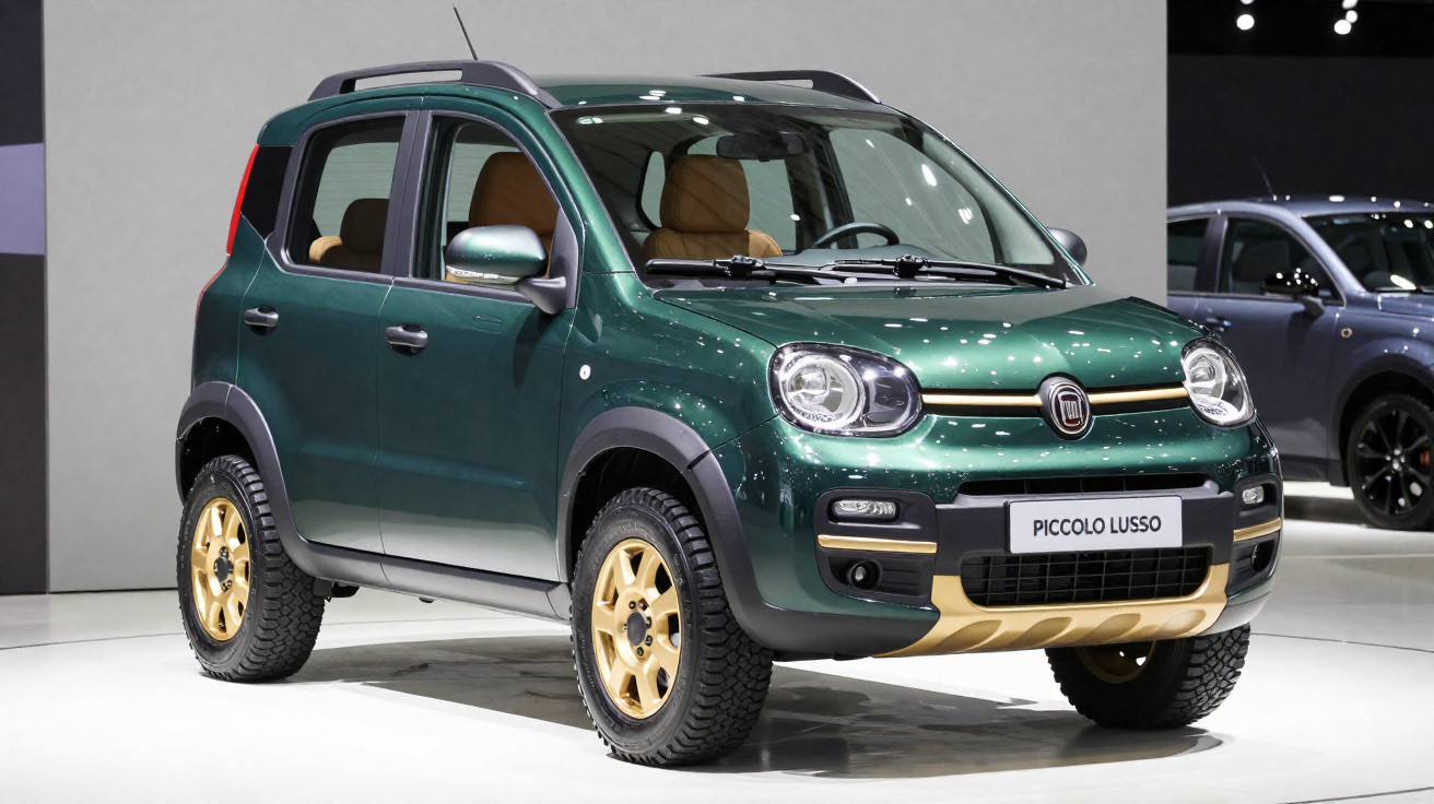 Carro SUV compacto verde com detalhes dourados e interior bege, em exposição num salão automóvel.