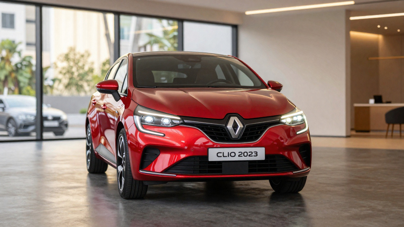 Carro Renault Clio 2023 vermelho estacionado numa garagem moderna com luzes LED acesas.