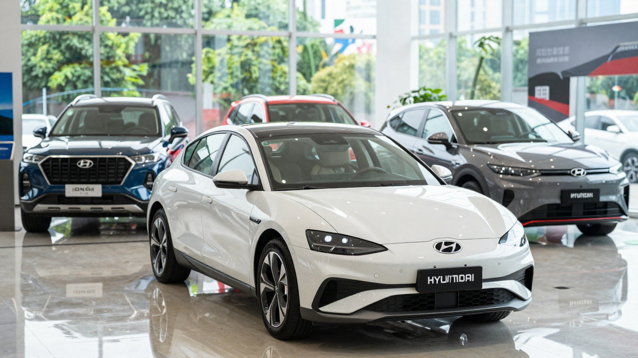 Conjunto de carros Hyundai expostos num showroom moderno e luminoso com chão refletor.