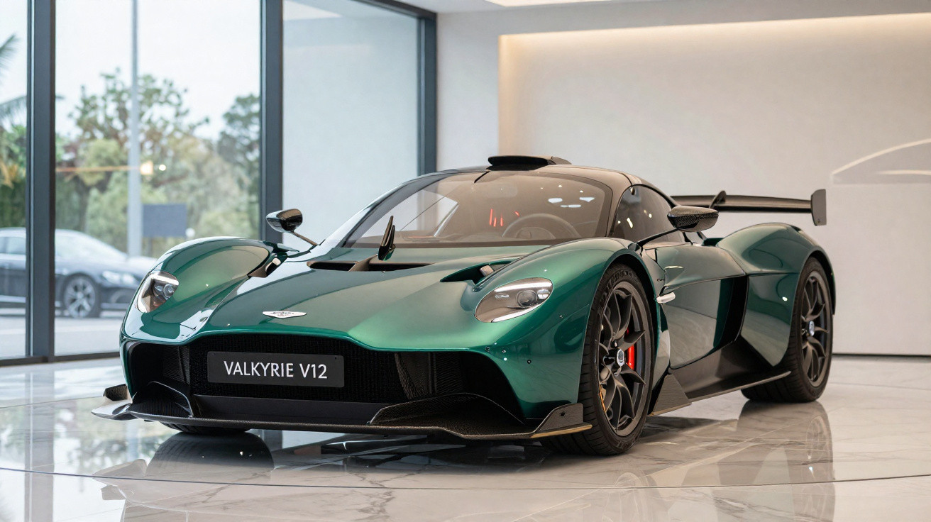 Carro desportivo verde metálico Aston Martin Valkyrie V12 em showroom moderno com chão de mármore.