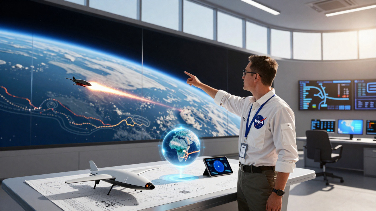 Engenheiro da NASA aponta para lançamento de avião não tripulado na sala de controlo espacial.
