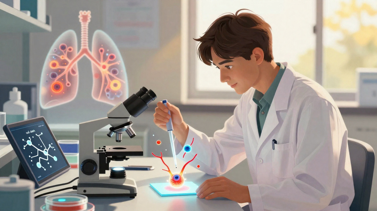 Cientista em laboratório usando pipeta para estudar célula com imagens de pulmões e moléculas ao fundo.