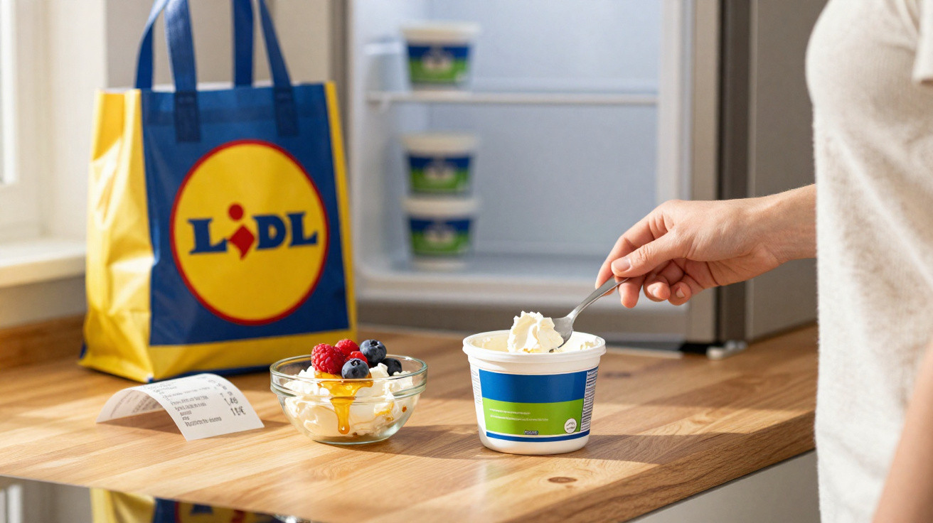 Pessoa a colher iogurte de embalagem ao lado de taça com frutos vermelhos e mochila Lidl na mesa.