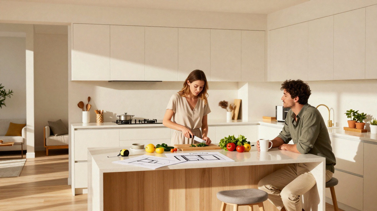 Casal em cozinha moderna, mulher a preparar salada e homem sentado a beber café no balcão.