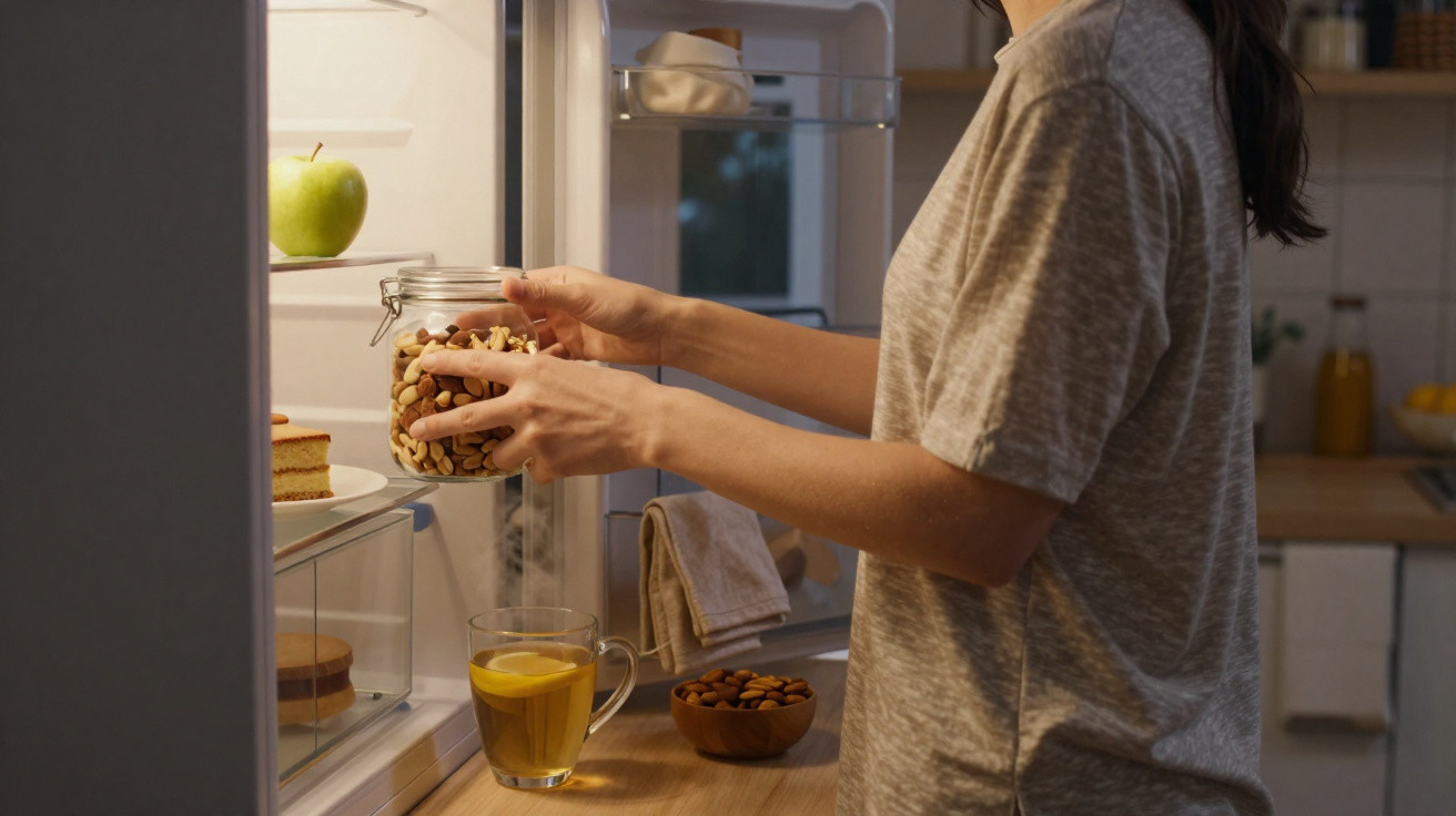 Pessoa a retirar jarro de frutos secos do frigorífico aberto numa cozinha moderna.