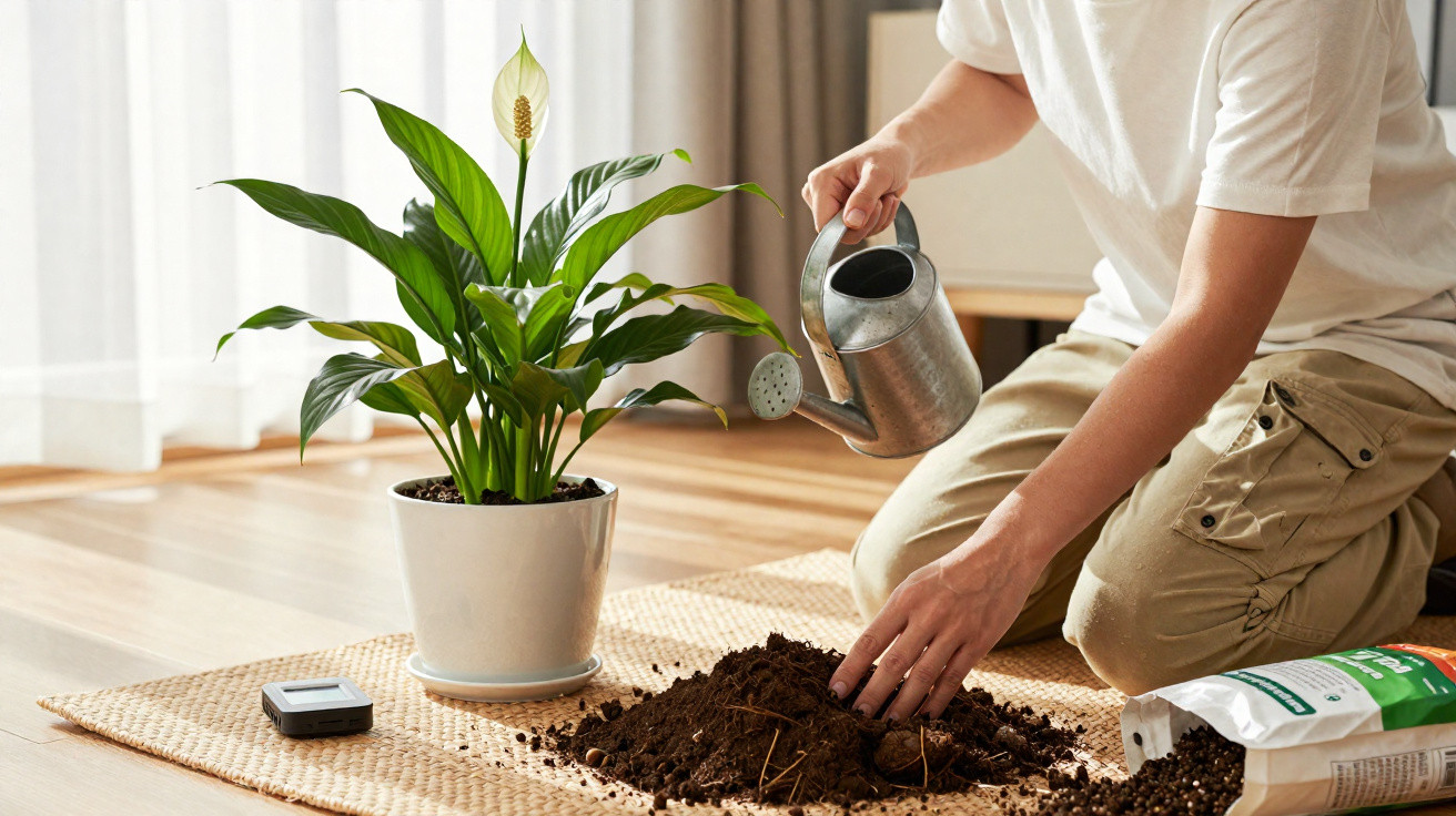 Pessoa a regar uma planta em vaso, com terra e saco de fertilizante ao lado, numa divisão iluminada.