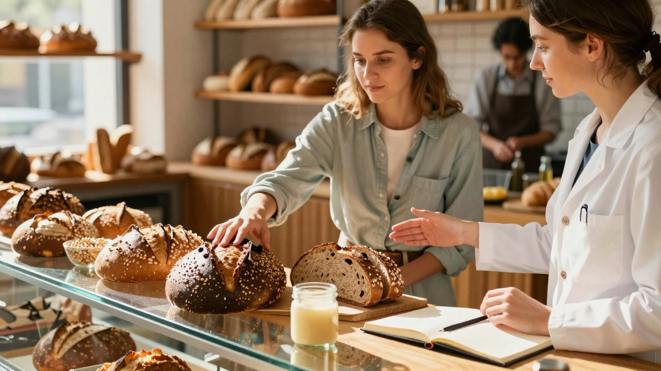 Cliente escolhe pão numa padaria enquanto funcionária anota informações em caderno, com diversos pães à mostra.