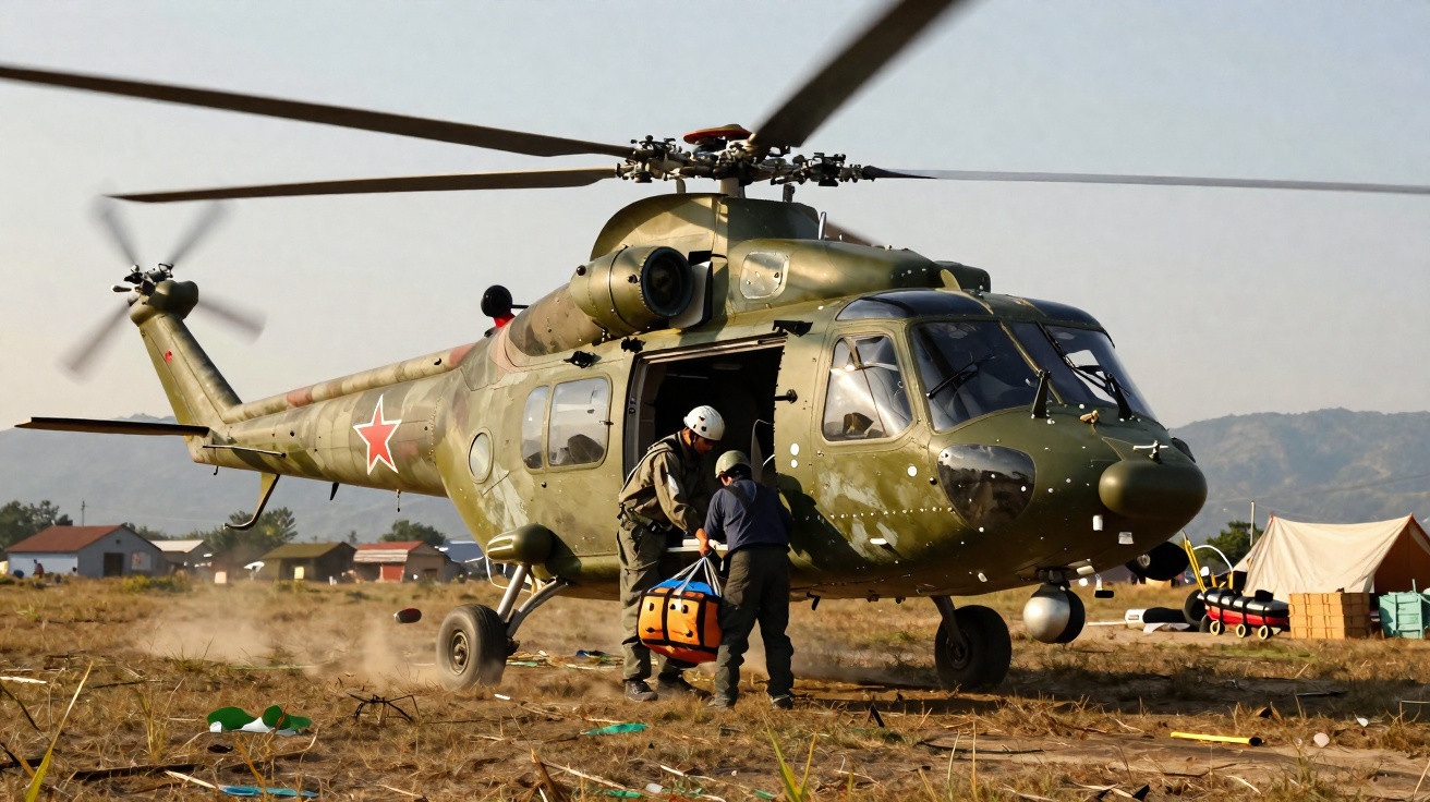 Helicóptero militar verde com dois soldados a transportar saco de resgate em terreno seco.