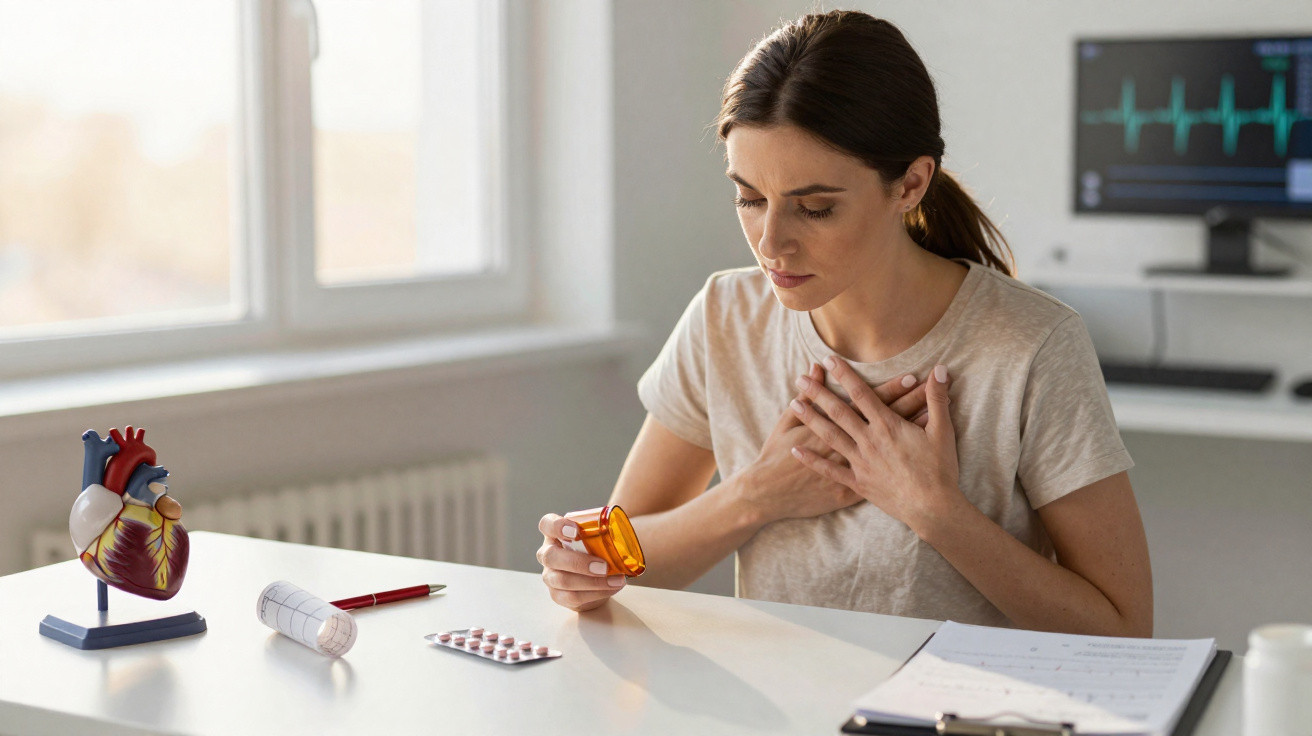Mulher a segurar o peito com uma mão e medicamento na outra, sentada numa mesa com modelo de coração.