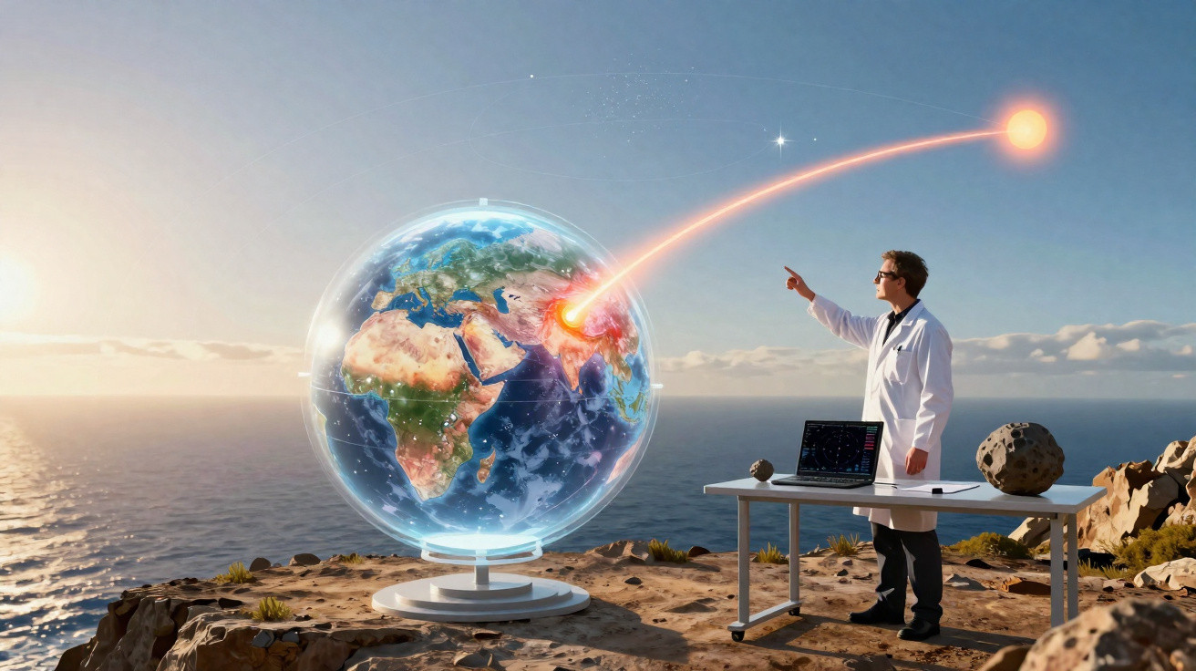 Cientista observa projeção holográfica da Terra com cometa se aproximando, numa paisagem costeira.