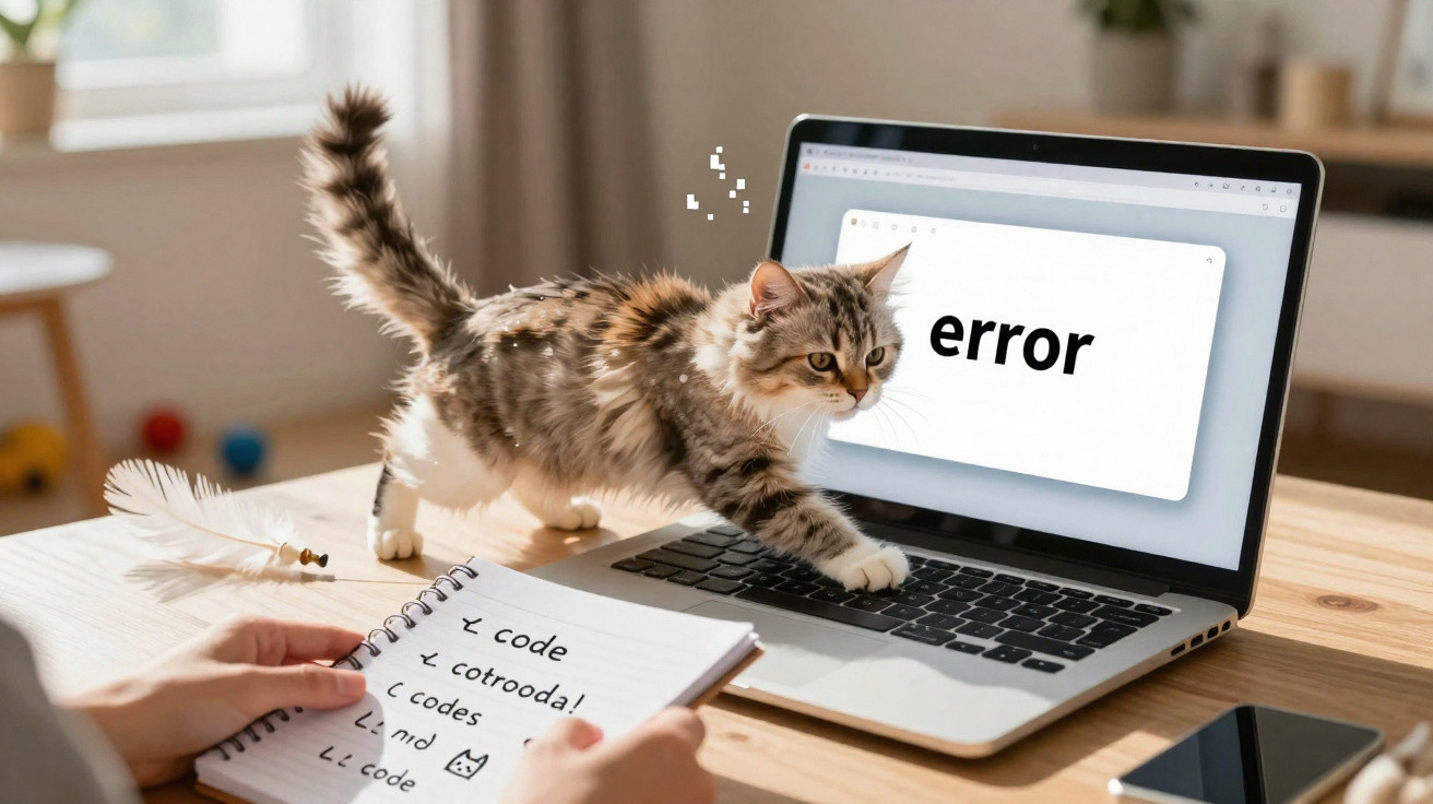 Gato a andar sobre teclado de portátil com palavra "error" no ecrã, pessoa a escrever num caderno.