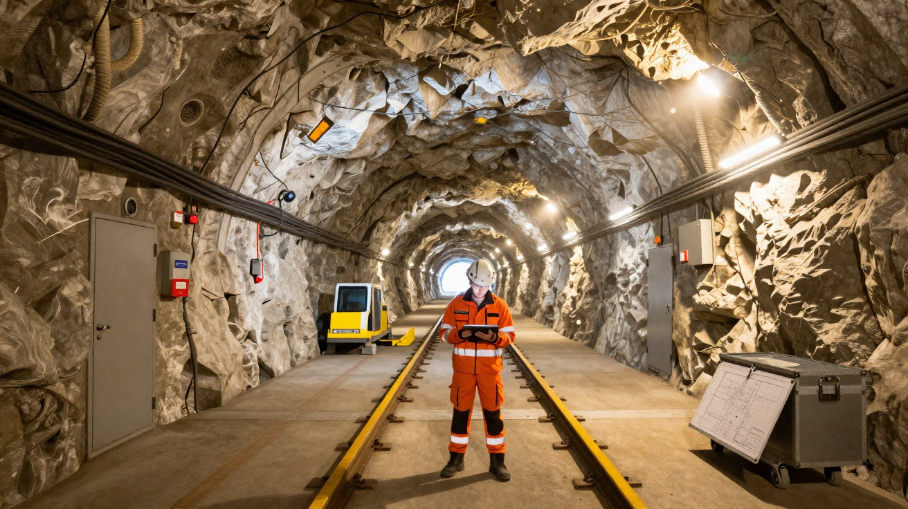 Trabalhador com equipamento de segurança num túnel ferroviário em construção, rodeado por equipamentos e iluminação.