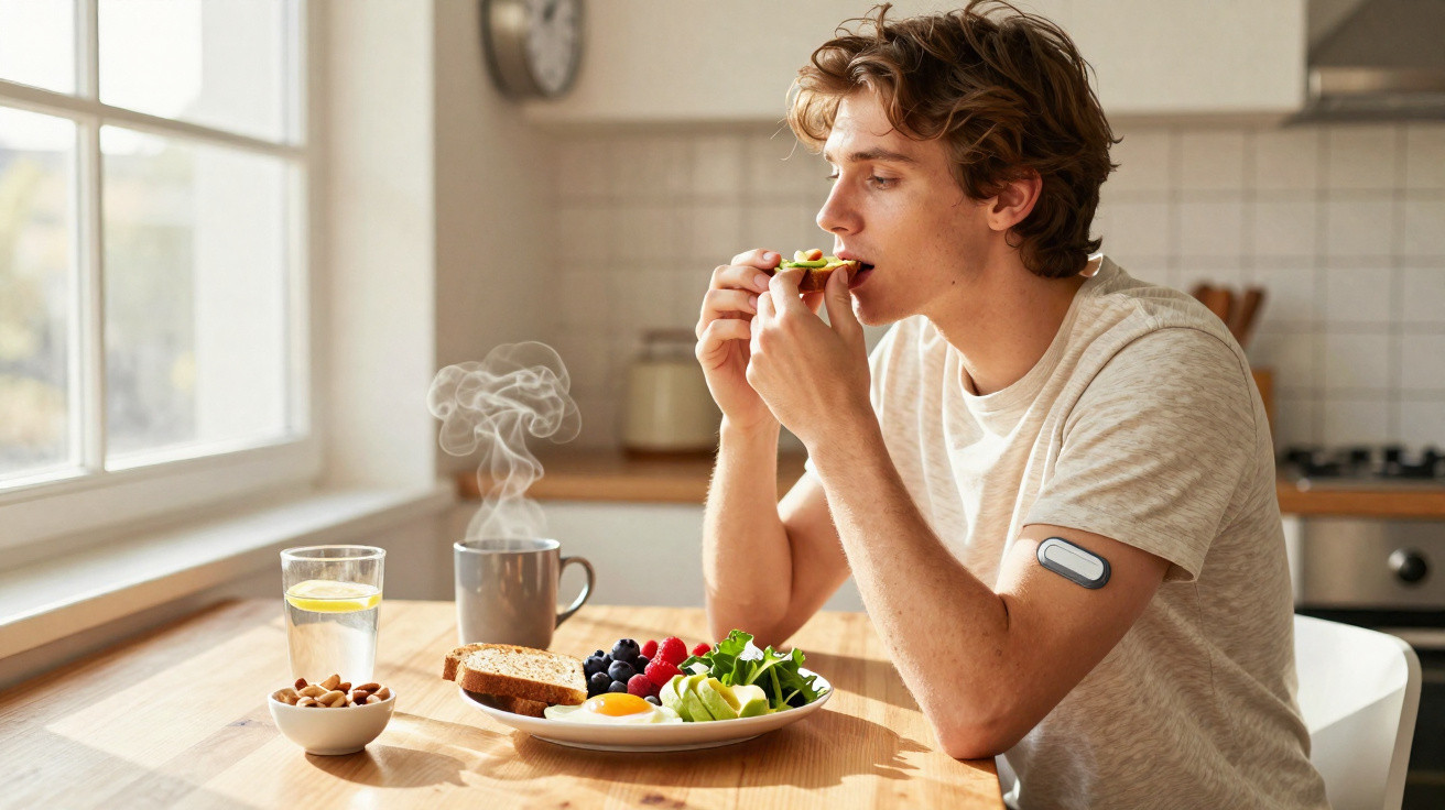 Homem a tomar pequeno-almoço saudável numa cozinha luminosa com sensor de glicose no braço.