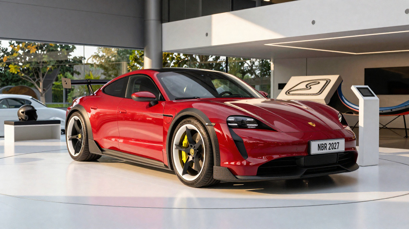 Carro desportivo elétrico vermelho da Porsche Taycan exposto num interior moderno e iluminado.