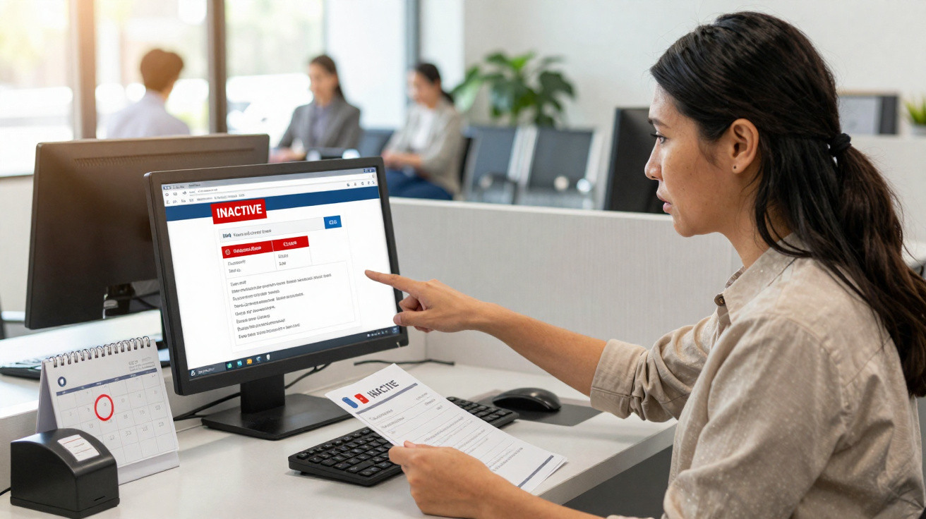 Mulher sentada no escritório, analisando dados de exercício num computador com um relatório na mão.