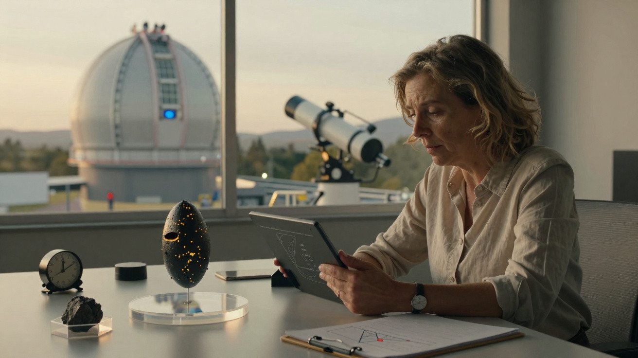 Mulher sentada numa mesa a ler um tablet, com objetos científicos e observatório astronómico ao fundo.
