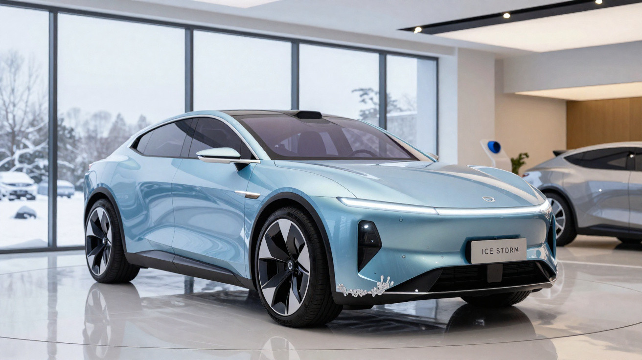 Carro elétrico azul Ice Storm num showroom com janelas grandes e neve visível no exterior.