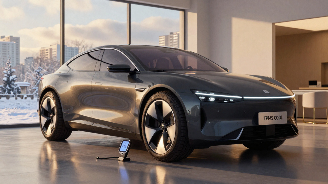 Carro elétrico moderno cinza num espaço interior com janelas grandes e neve visível do lado de fora.