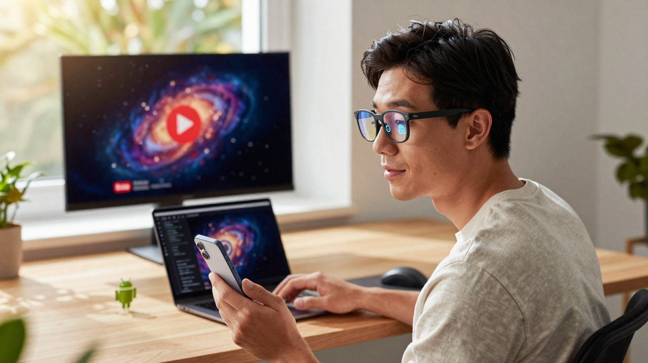 Homem sentado a trabalhar num computador portátil com telemóvel na mão e monitor com símbolo do YouTube.
