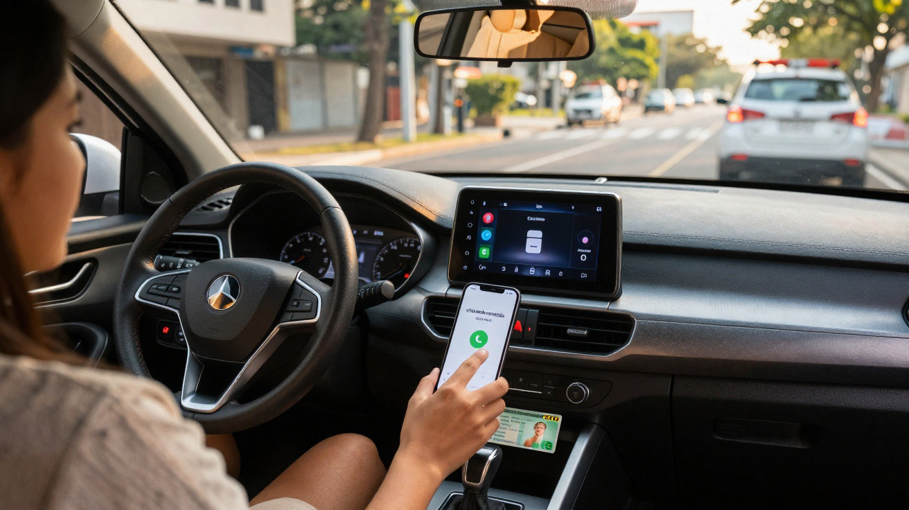 Interior de carro Mercedes com mulher a atender chamada no telemóvel enquanto está parada no trânsito.