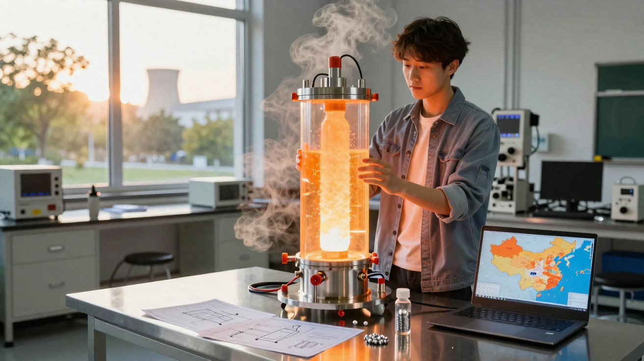 Jovem a manusear equipamento de laboratório com tubo luminoso e vapor, com computador aberto a mostrar mapa.