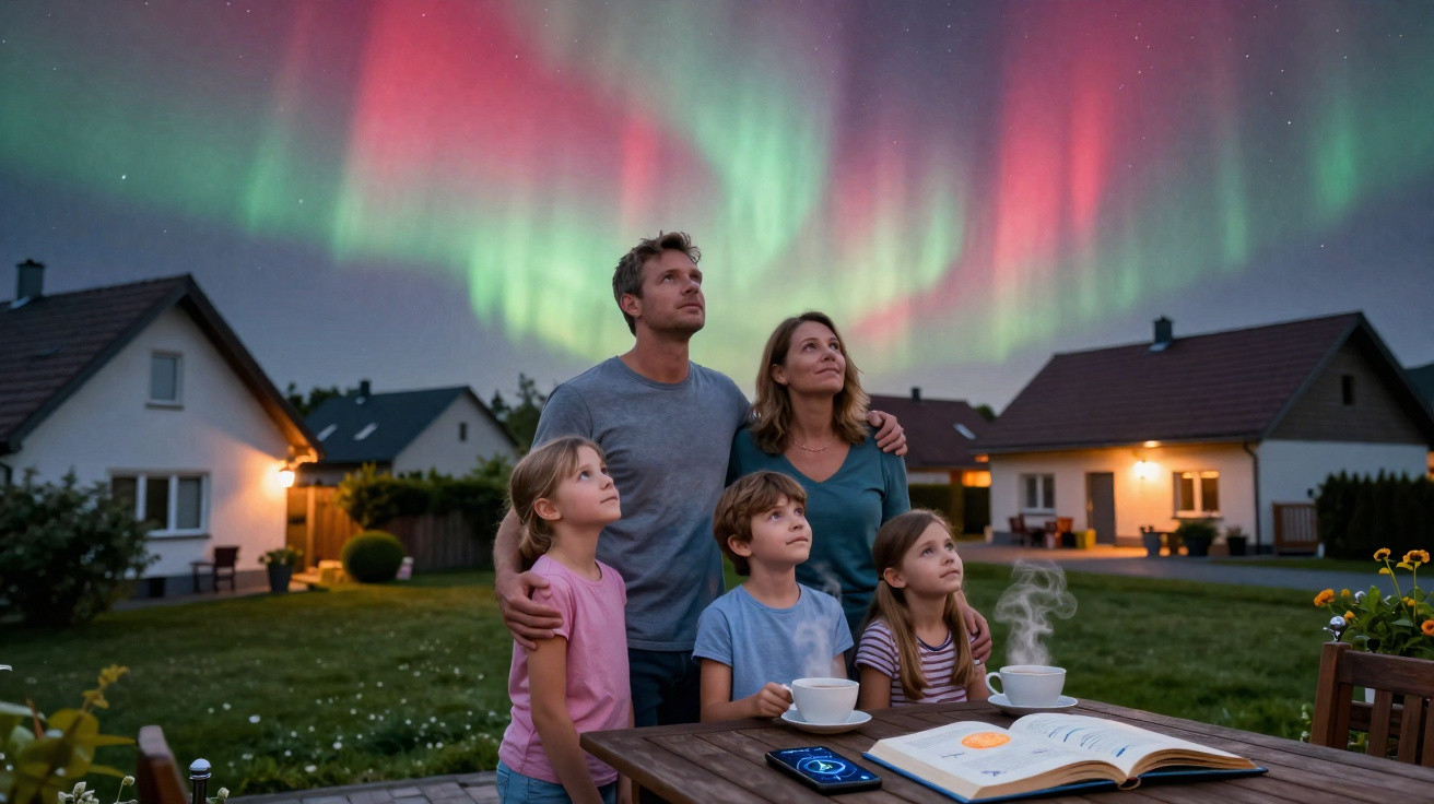 Família observando a aurora boreal no céu durante a noite, em frente a casas iluminadas numa área residencial.
