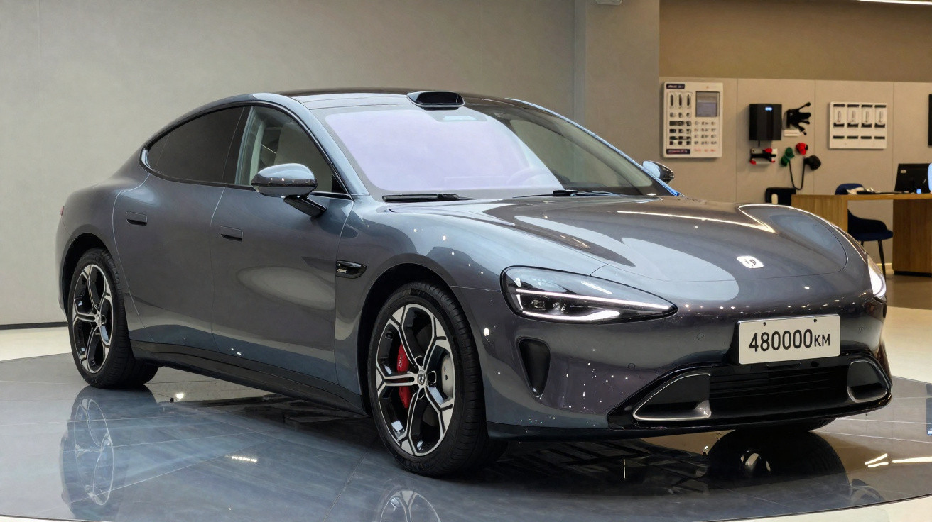 Carro elétrico cinza escuro exibido em showroom, com design moderno e placa a mostrar 480000 KM.