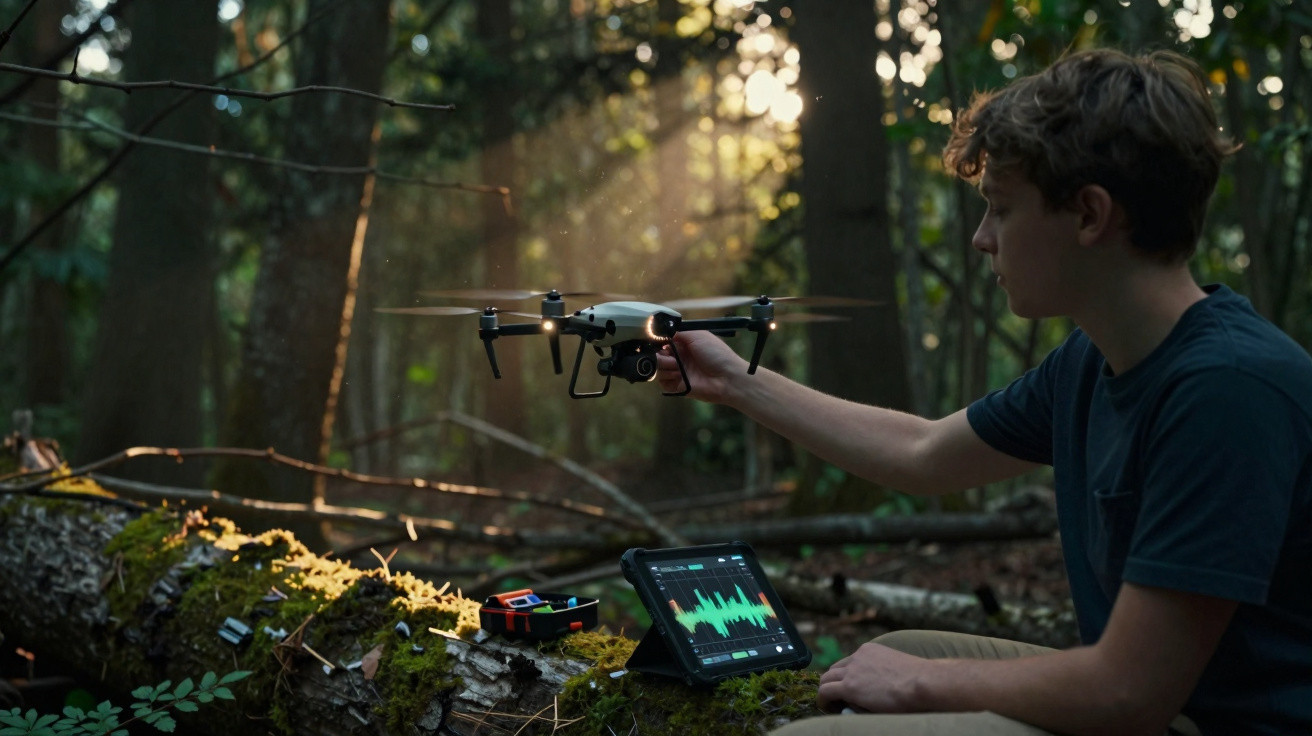 Jovem controla drone na floresta ao fim da tarde com tablet posicionado em tronco coberto de musgo.
