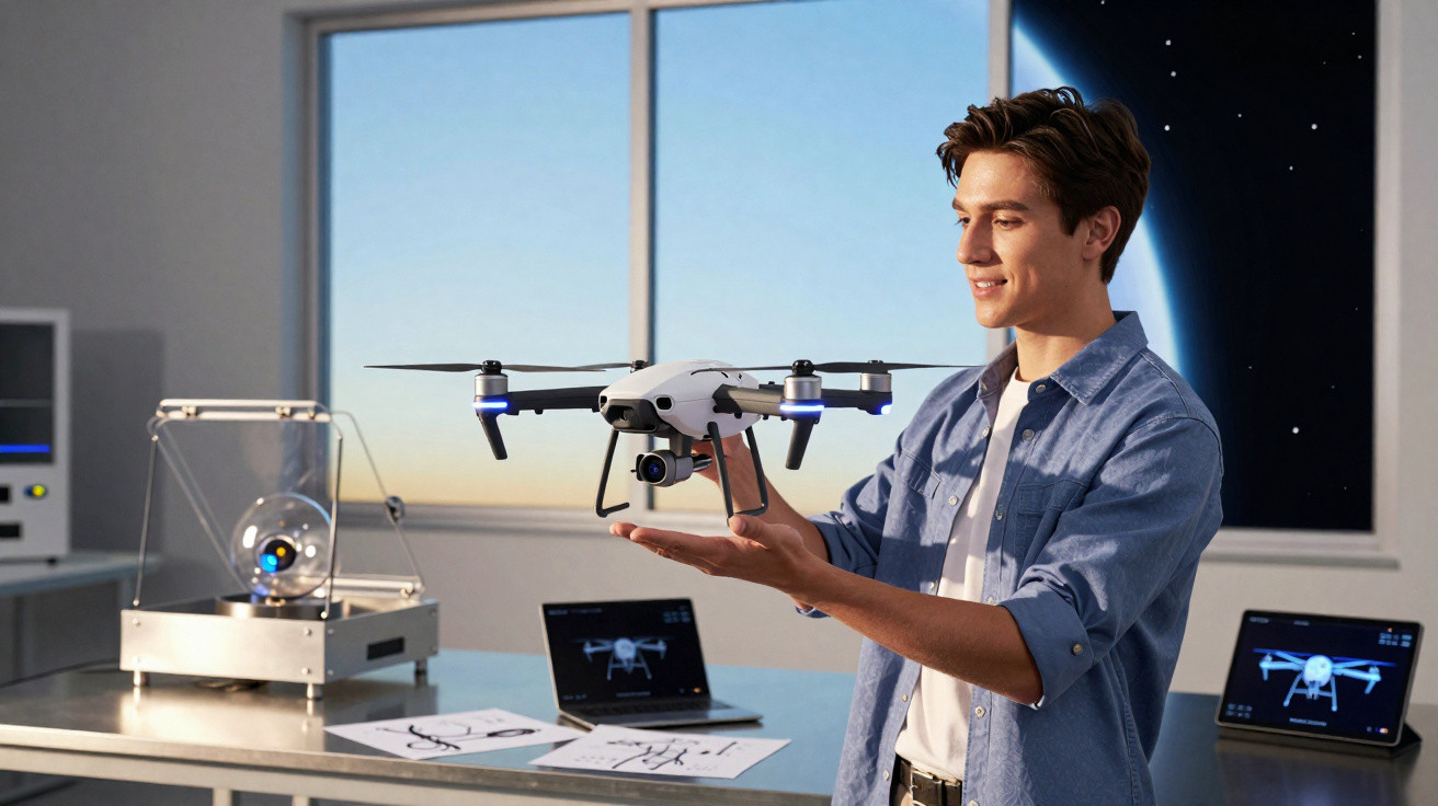 Homem segurando drone branco em escritório com computadores e janelas ao fundo.